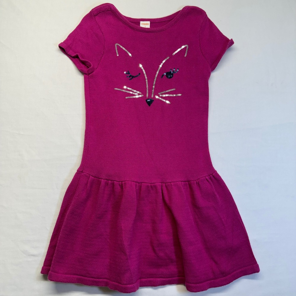 Gymboree Girls Pink Cat Face Sweater Dress Size 8 Sequin‎ Kitty Knit Twirl